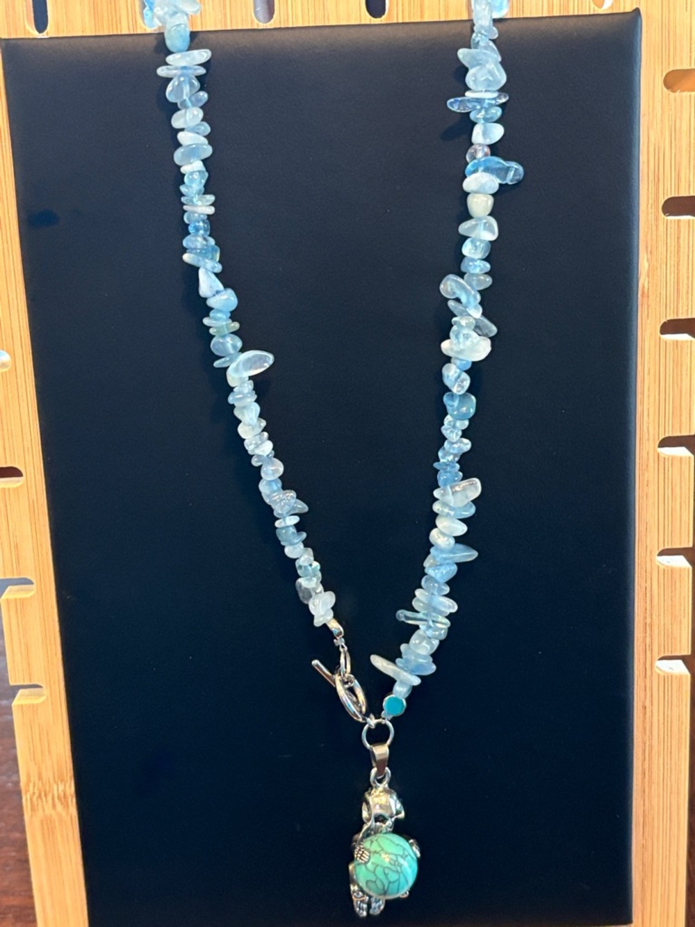 Light Blue Chip Necklace with Turquoise Turtle Pendant